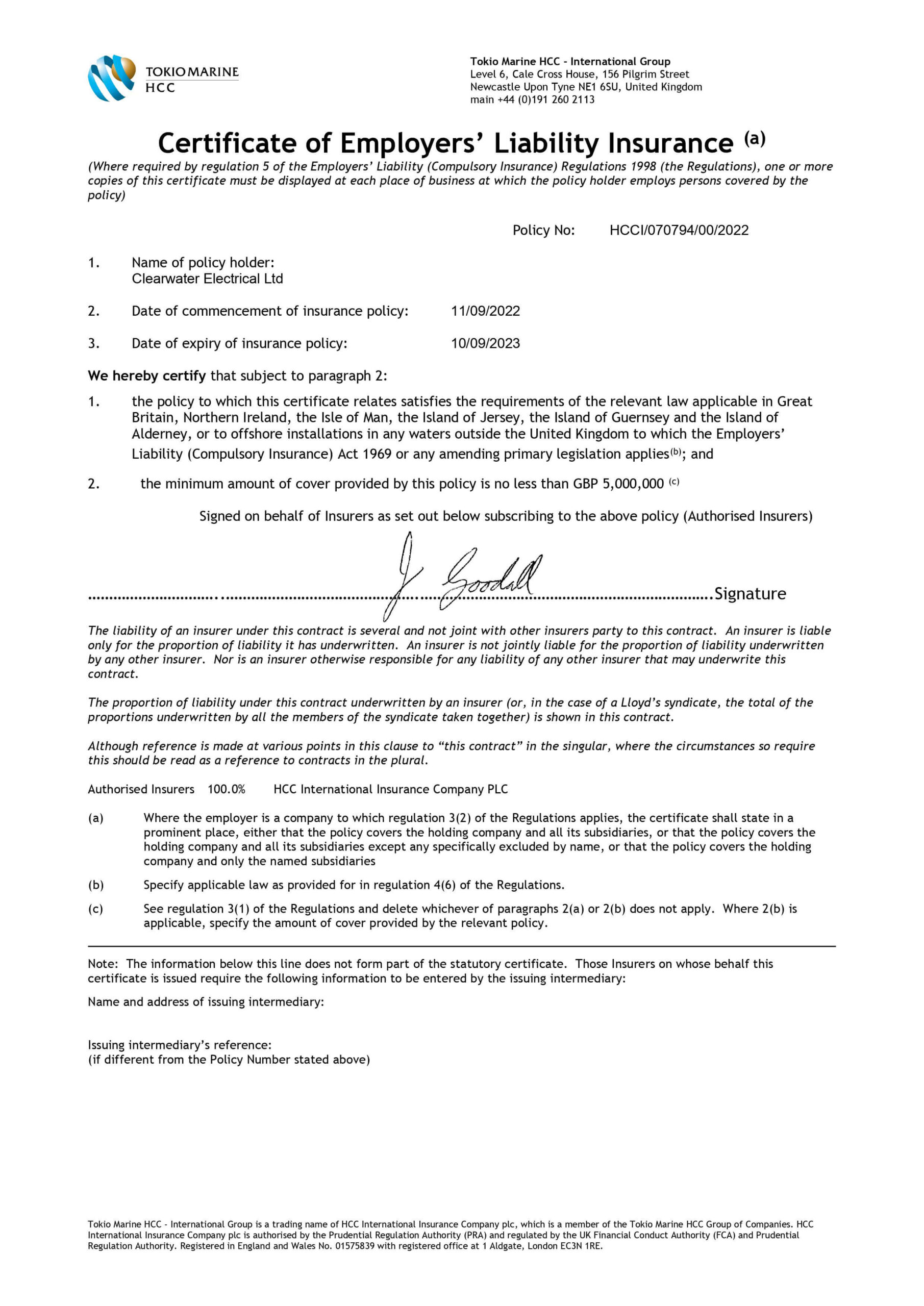Certificate of Employer's Liability Insurance